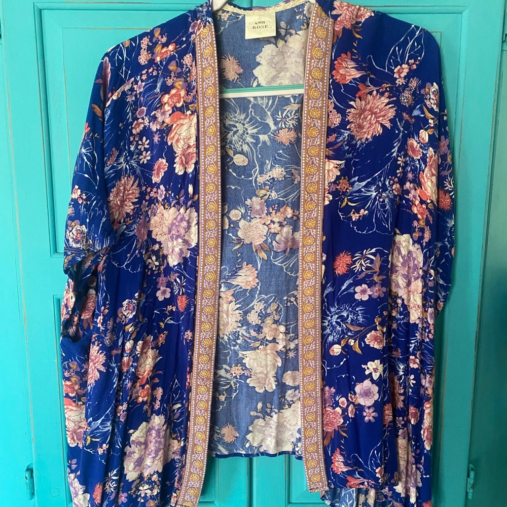 Floral Kimono Jacket Boho Vibrant Colors Swim Coverup Beach Blue Pink Festival